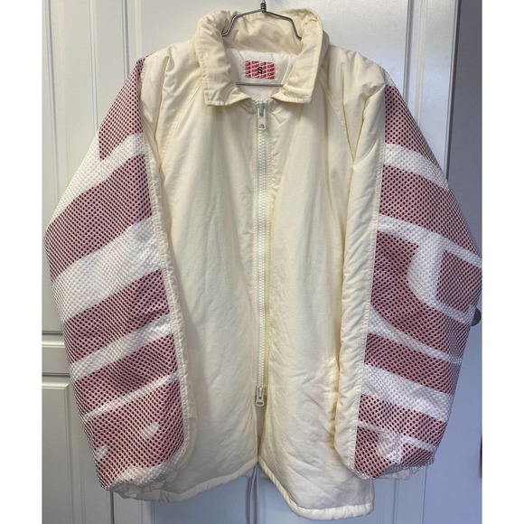 Flight Club Jacket Cream Red Foldaway Hood Spell Out On Sleeves Size Mens S EUC - Picture 1 of 12